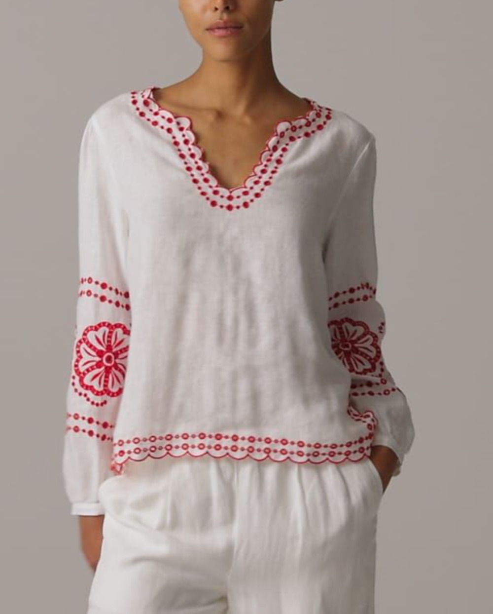 J. Crew White Red Bungalow Embroidered Linen Top